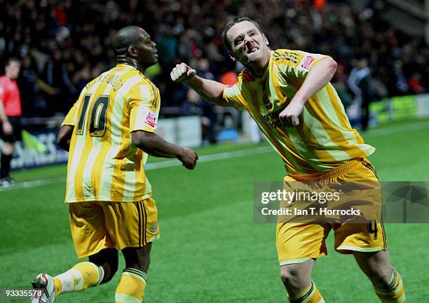 Kevin Nolan of Newcastle United celebrates his goal during the Coca-Cola League Championship match between Preston North End and Newcastle United at...