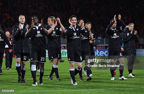 The team of Kaiserslautern, Adam Nemec, Rodnei, Martin Amedick, Florian Dick and Bastian Schulz celebrate after winning the Second Bundesliga match...