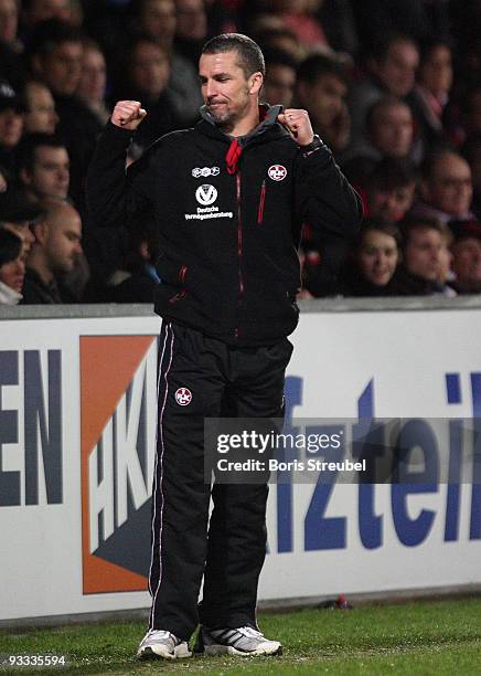 Marco Kurz, head coach of Kaiserslautern celebrates after winning the Second Bundesliga match between 1. FC Union Berlin and 1. FC Kaiserslautern at...