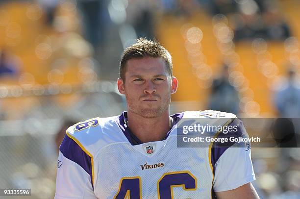 Long snapper Cullen Loeffler of the Minnesota Vikings looks on from the field prior to a game against the Pittsburgh Steelers at Heinz Field on...