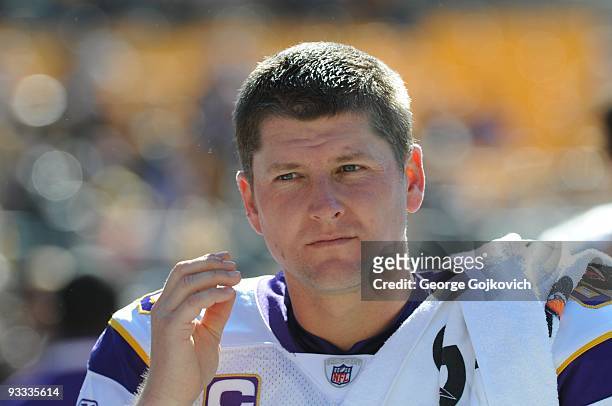 Kicker Ryan Longwell of the Minnesota Vikings looks on from the field prior to a game against the Pittsburgh Steelers at Heinz Field on October 25,...