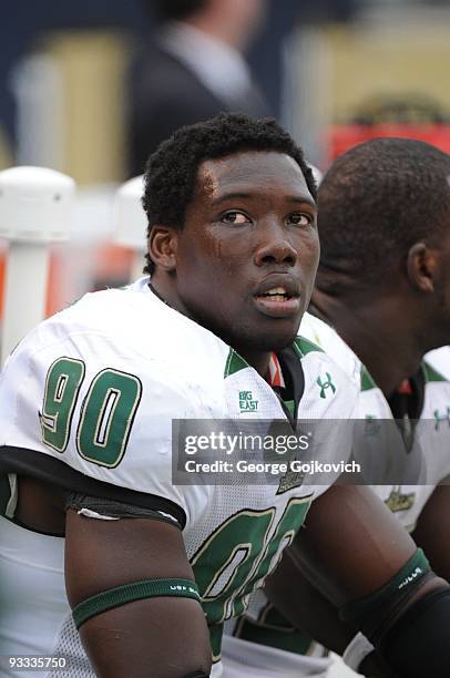 Defensive lineman Jason Pierre-Paul of the University of South Florida Bulls looks on from the sideline during a college football game against the...