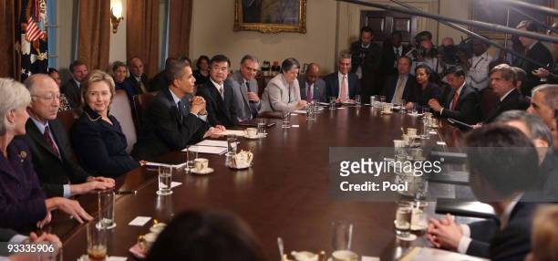 President Barack Obama speaks at a cabinet meeting at the White House on November 23, 2009 in Washington, DC. Obama met with his Cabinet for updates...