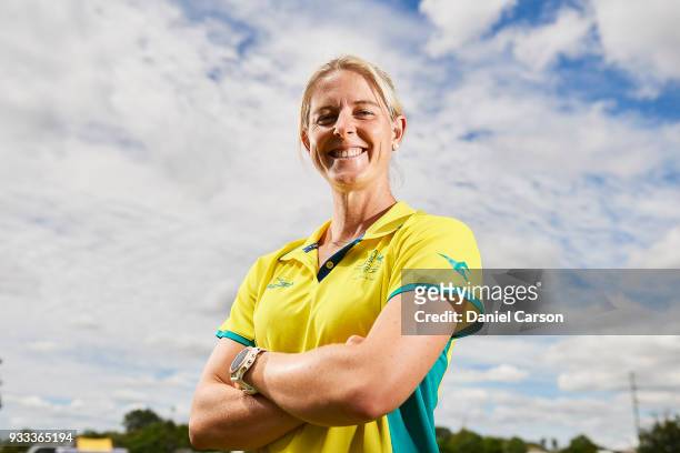 Rachael Lynch poses for a photo in the new Commonwealth Games shirt during the Australian Commonwealth Games Hockey Teams Announcement at Wesley...