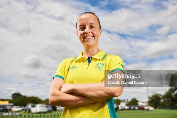 Emily Smith poses for a photo in the new Commonwealth Games shirt during the Australian Commonwealth Games Hockey Teams Announcement at Wesley...