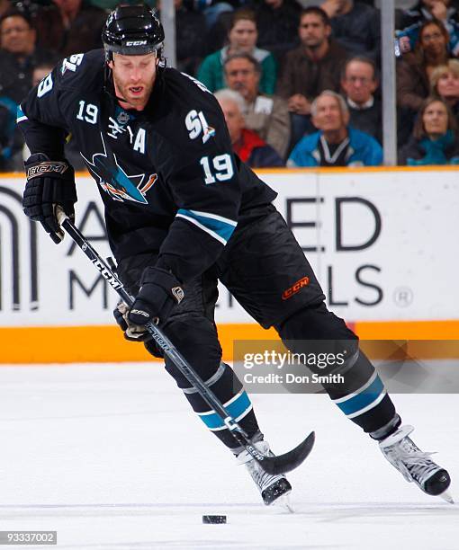 Joe Thornton of the San Jose Sharks skates up ice during an NHL game against the Dallas Stars on November 12, 2009 at HP Pavilion at San Jose in San...