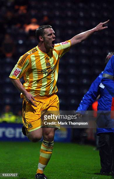 Kevin Nolan of Newcastle United celebrates his goal during the Coca-Cola Championship match between Preston North End and Newcastle United at...