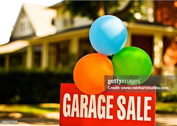 colorful balloons with "garage sale" sign - garage sale stock pictures, royalty-free photos & images