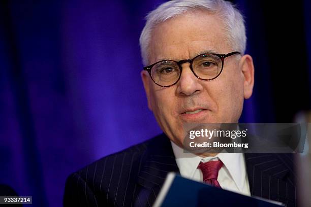 David Rubenstein, co-founder and managing director of The Carlyle Group, prepares to leave following a panel discussion during the Kazakhstan...