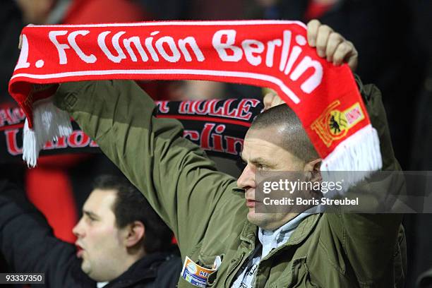 Fan of Berlin prior to the Second Bundesliga match between 1. FC Union Berlin and 1. FC Kaiserslautern at the stadium An der Alten Foersterei on...