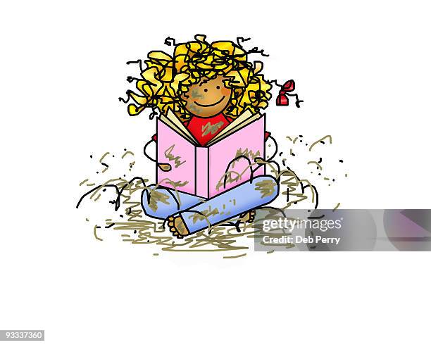 muddy reader - child sitting cross legged stock illustrations
