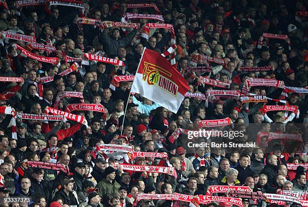 Fans of Berlin prior to the Second Bundesliga match between 1. FC Union Berlin and 1. FC Kaiserslautern at the stadium An der Alten Foersterei on...