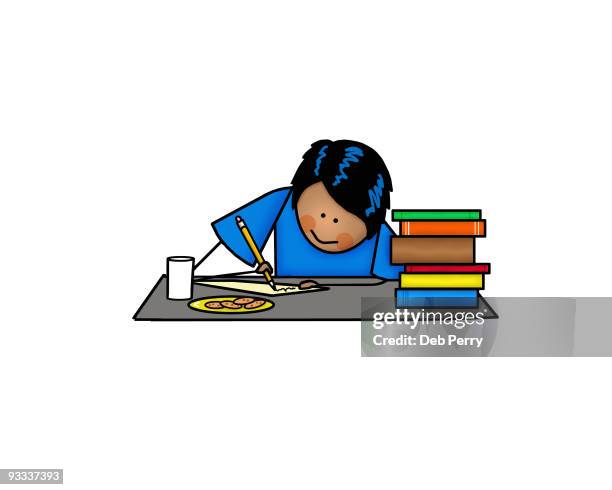 boy doing homework - cookie stack stock illustrations