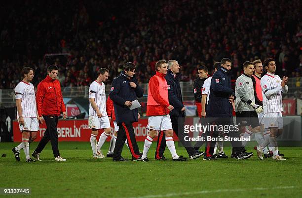 The team of Berlin show their frustration after losing the Second Bundesliga match between 1. FC Union Berlin and 1. FC Kaiserslautern at the stadium...