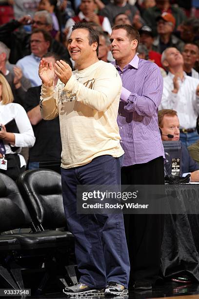 Sacramento Kings co-owners Gavin Maloof and Joe Maloof give a standing applause during the game against the Oklahoma City Thunder at Arco Arena on...