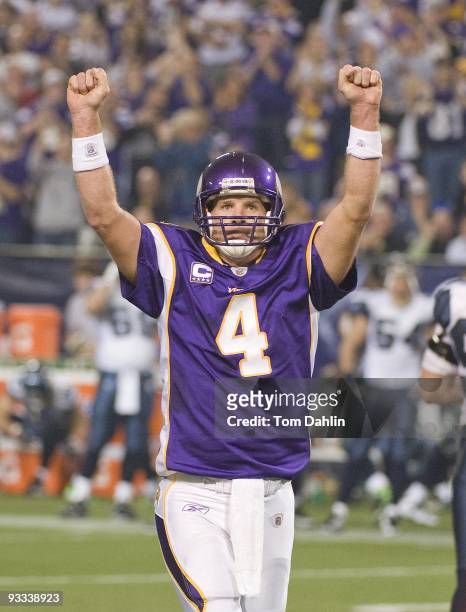 Brett Favre of the Minnesota Vikings celebrates a touchdown during an NFL game against the Seattle Seahawks at the Mall of America Field at Hubert H....