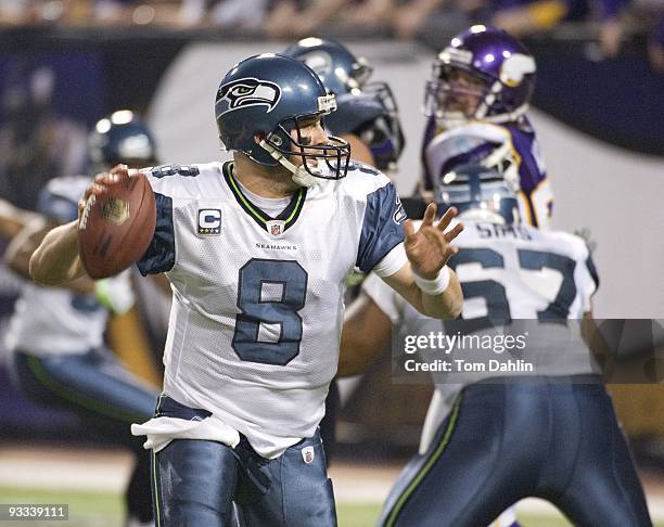 Matt Hasselbeck of the Seattle Seahawks passes during an NFL game against the Minnesota Vikings at the Mall of America Field at Hubert H. Humphrey...