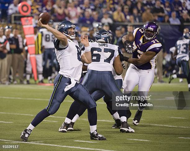 Matt Hasselbeck of the Seattle Seahawks passes during an NFL game against the Minnesota Vikings at the Mall of America Field at Hubert H. Humphrey...
