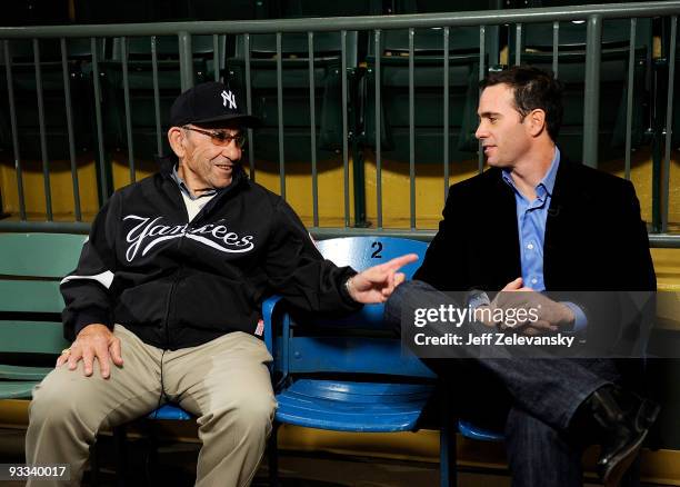 Baseball Hall of Famer Yogi Berra and four-time Nascar champion Jimmie Johnson chat in the theater at the Yogi Berra Museum and and Learning Center...