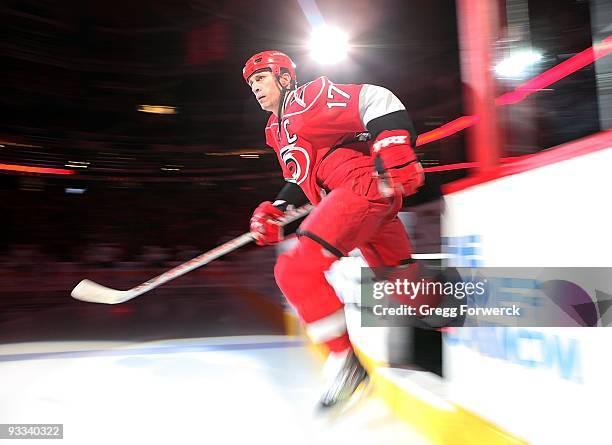 Rod Brind'Amour of the Carolina Hurricanes enters the ice during player introductions prior to a NHL game against the Tampa Bay Lightning on November...