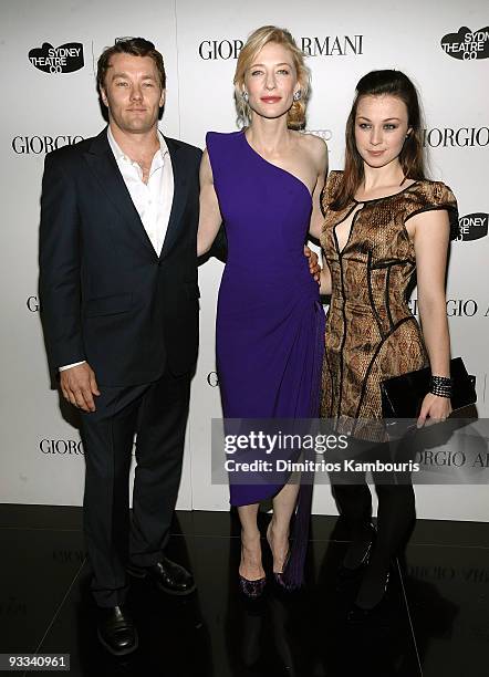 Actors Joel Edgerton, Cate Blanchett and Robin McLeavy attend a welcome dinner for the Sydney Theatre Company at Armani Ristorante on November 23,...