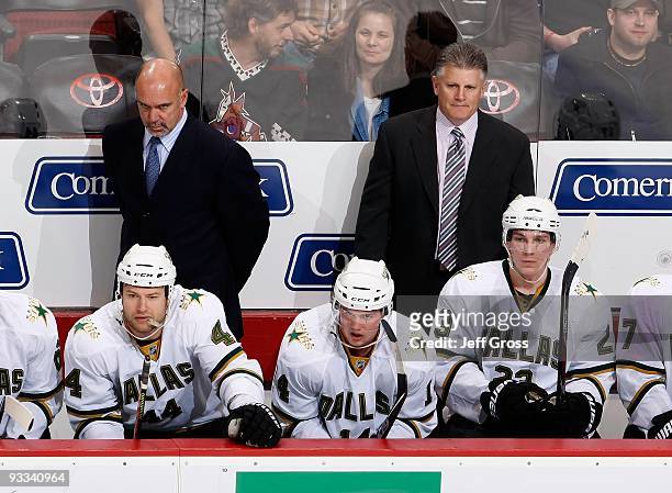 Dallas Stars head coach Marc Crawford looks on from the bench against the Phoenix Coyotes at Jobing.com Arena on November 14, 2009 in Glendale,...