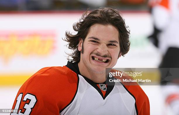 Dan Carcillo of the Philadelphia Flyers skates prior to the game against the Colorado Avalanche at the Pepsi Center on November 23, 2009 in Denver,...