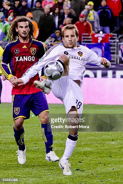 Mike Magee of the Los Angeles Galaxy stops a ball past the defense of Real Salt Lake during their MLS Cup game at Qwest Field on November 22, 2009 in...