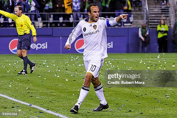 Landon Donovan of the Los Angeles Galaxy celebrates an assist against Real Salt Lake during their MLS Cup game at Qwest Field on November 22, 2009 in...