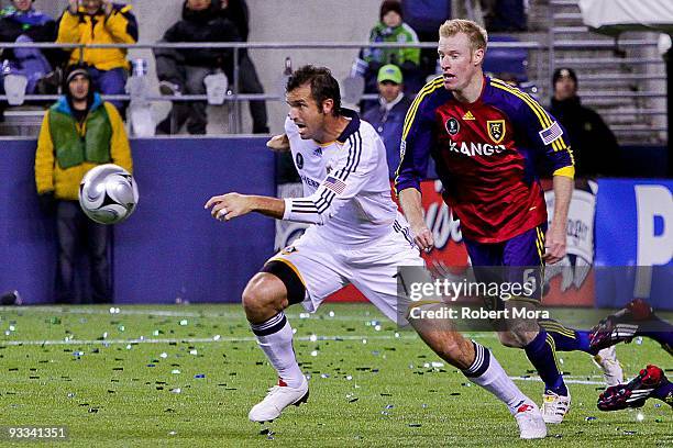 Chris Klein of the Los Angeles Galaxy controls the ball pas the defense of Real Salt Lake during their MLS Cup game at Qwest Field on November 22,...
