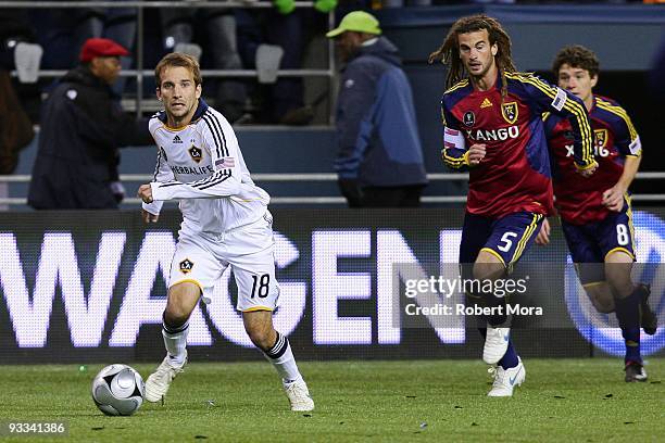 Mike Magee of the Los Angeles Galaxy attacks the defense of Real Salt Lake during their MLS Cup game at Qwest Field on November 22, 2009 in Seattle,...