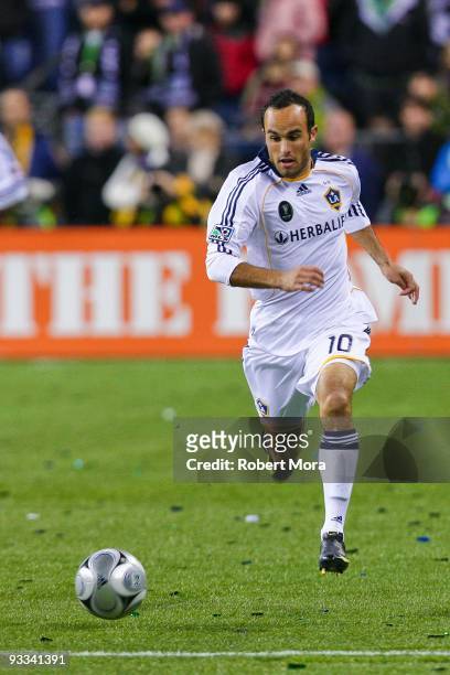 Landon Donovan of the Los Angeles Galaxy attacks the defense of Real Salt Lake during their MLS Cup game at Qwest Field on November 22, 2009 in...