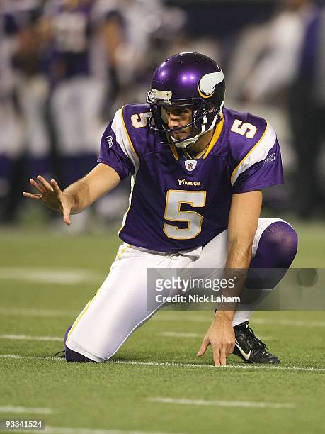 Chris Kluwe of the Minnesota Vikings waits for the snap against the Seattle Seahawks at Hubert H. Humphrey Metrodome on November 22, 2009 in...