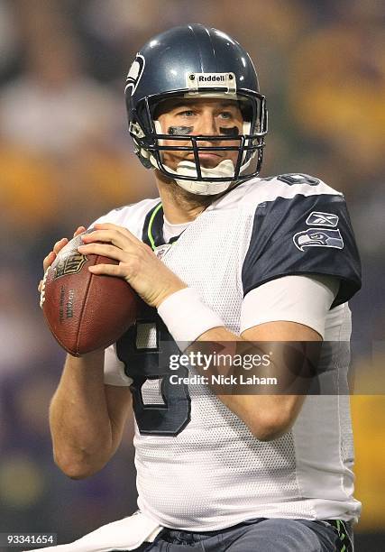 Matt Hasselbeck of the Seattle Seahawks passes against the Minnesota Vikings at Hubert H. Humphrey Metrodome on November 22, 2009 in Minneapolis,...