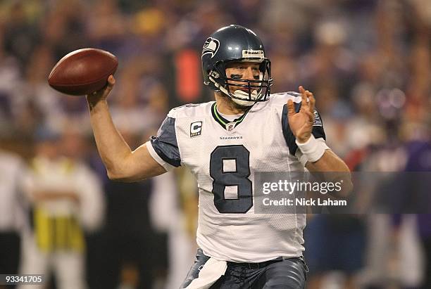 Matt Hasselbeck of the Seattle Seahawks passes against the Minnesota Vikings at Hubert H. Humphrey Metrodome on November 22, 2009 in Minneapolis,...