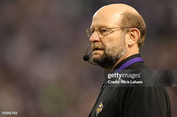 Head coach of the Minnesota Vikings, Brad Childress watches on against the Seattle Seahawks at Hubert H. Humphrey Metrodome on November 22, 2009 in...