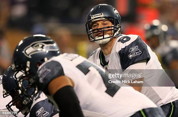 Matt Hasselbeck of the Seattle Seahawks at the line against the Minnesota Vikings at Hubert H. Humphrey Metrodome on November 22, 2009 in...