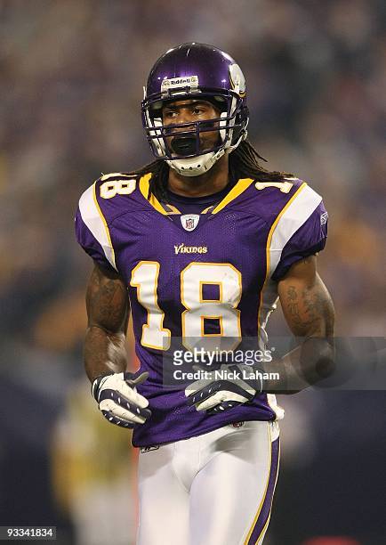 Sidney Rice of the Minnesota Vikings jogs on the field against the Seattle Seahawks at Hubert H. Humphrey Metrodome on November 22, 2009 in...