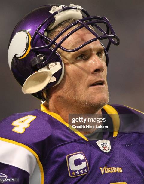 Brett Favre of the Minnesota Vikings walks to the sideline against the Seattle Seahawks at Hubert H. Humphrey Metrodome on November 22, 2009 in...