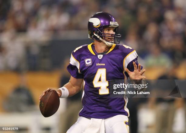 Brett Favre of the Minnesota Vikings drops back to pass against the Seattle Seahawks at Hubert H. Humphrey Metrodome on November 22, 2009 in...