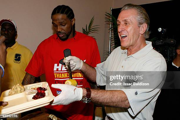 President of the Miami Heat Pat Riley participates in the Miami Heat's Annual Thanksgiving in Overtown Ceremony on November 23, 2009 at the Miami...