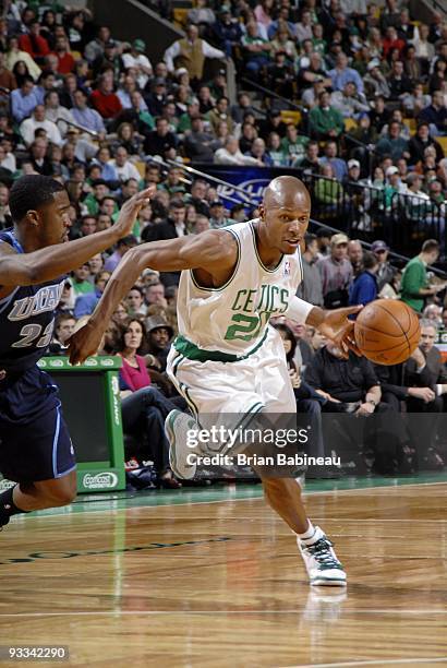 Ray Allen the Boston Celtics drives to the basket against Wesley Matthews of the Utah Jazz during the game at The TD Garden on November 11, 2009 in...