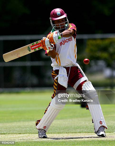 Ramnaresh Sarwan plays a shot during a West Indies nets session at Allan Border Field on November 24, 2009 in Brisbane, Australia.