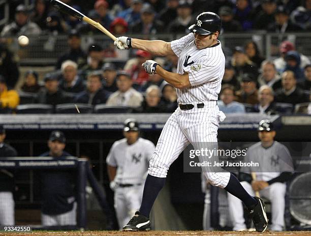 Johnny Damon of the New York Yankees bats against the Philadelphia Phillies in Game One of the 2009 MLB World Series at Yankee Stadium on October 28,...