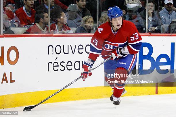 Ryan White of the Montreal Canadiens skates with the puck during the NHL game against the Carolina Hurricanes on November 17, 2009 at the Bell Centre...