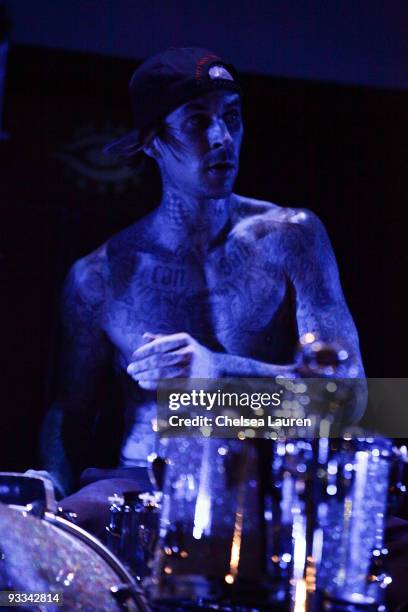 Drummer Travis Barker of Blink 182 performs at the Los Angeles Youth Network benefit rock concert at Avalon on November 22, 2009 in Hollywood,...