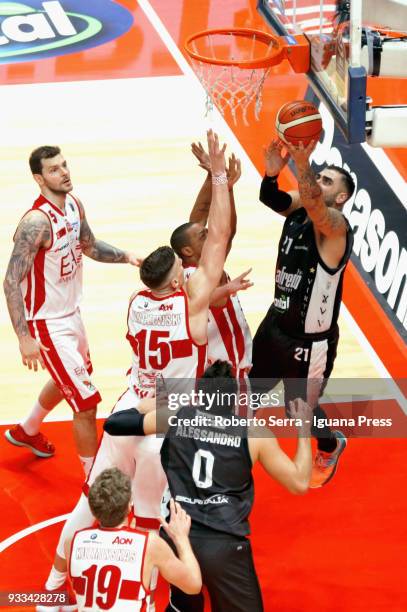 Pietro Aradori and Alessandro Gentile of Segafredo competes with Vladimir Micov - Mindaugas Kuzminskas - Kaleb Tarczewski - Andrew Goudelock of EA7...