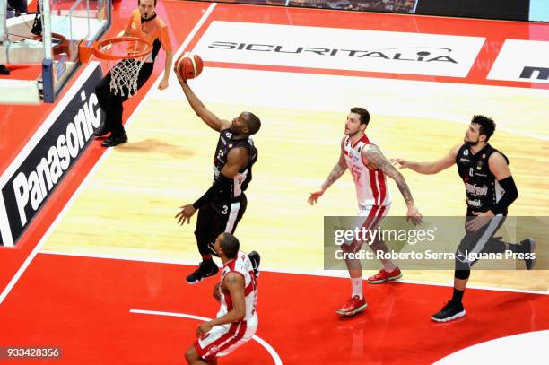 Michael Umeh and Alessandro Gentile of Segafredo competes with Andrew Goudelock and Vladimir Micov of EA7 during the LBA LegaBasket of Serie A match...