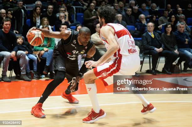 Marcus Slaughter of Segafredo competes with Davide Pascolo of EA7 during the LBA LegaBasket of Serie A match between Virtus Segafredo Bologna and...