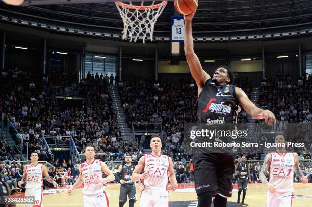 Kenny Lawson of Segafredo competes with Andrea Cinciarini - Dairis Bertans - Kaleb Tarczewski - Vladimir Micov of EA7 during the LBA LegaBasket of...